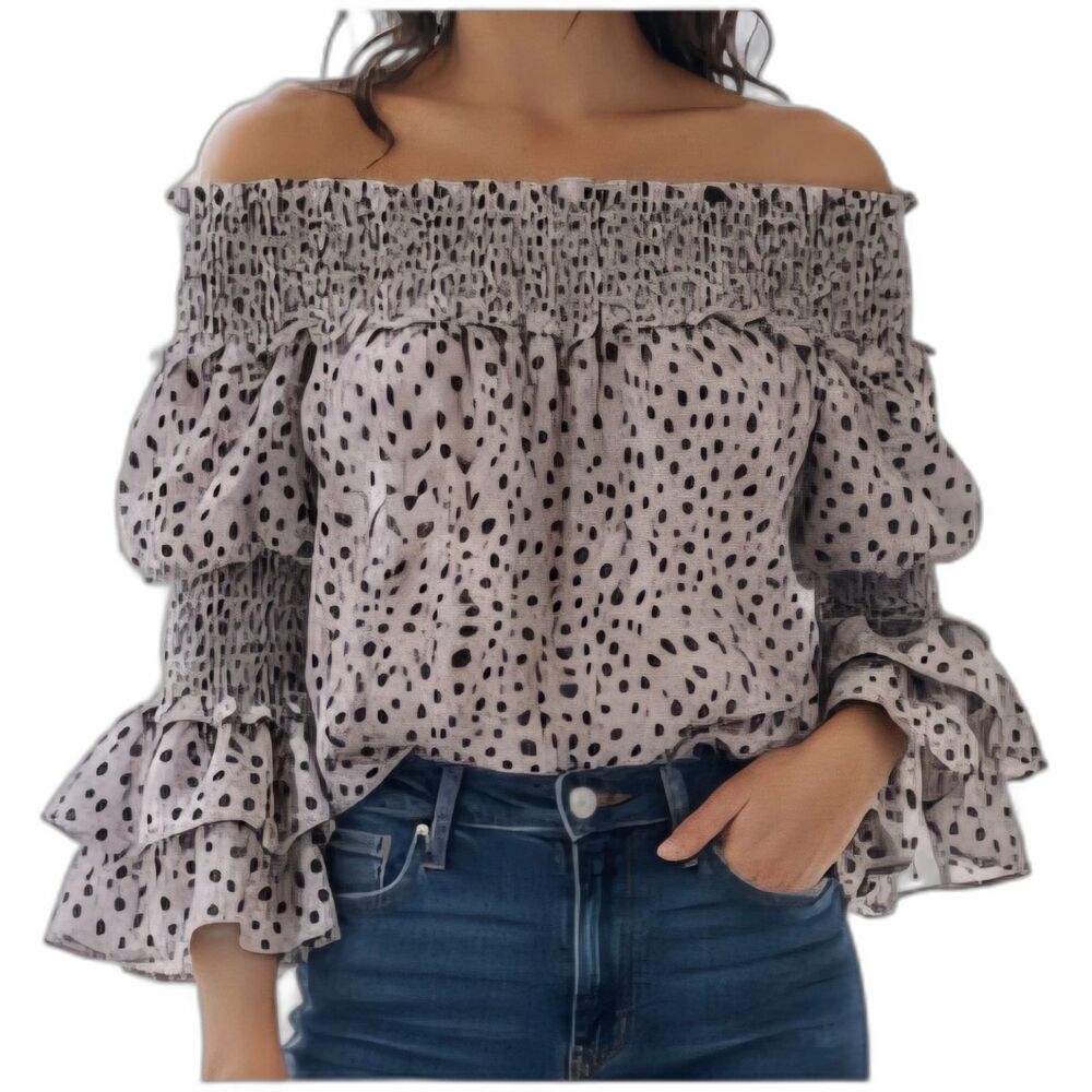 Boho Off The Shoulder Smocked Blouse Top Dalmatian Print Ruffle Sleeve Top Sz S